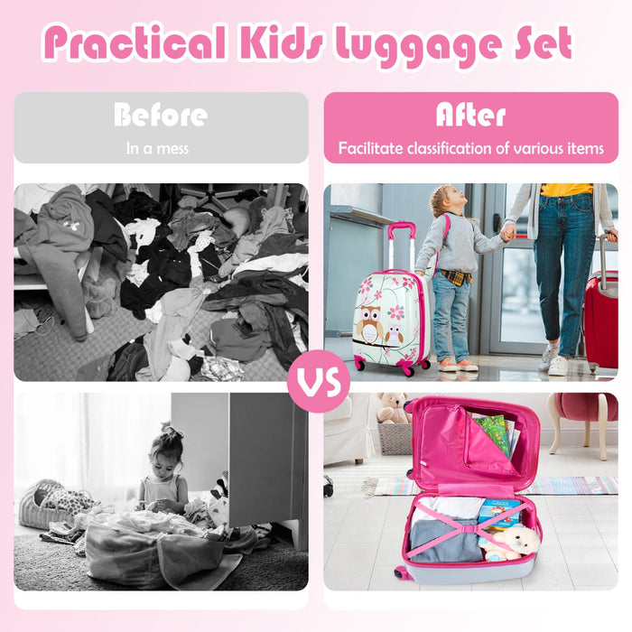 Kids Travel Buddies - 2 Piece Owl Themed Luggage Set including Carry-on Suitcase and Backpack - Perfect for Children's Traveling Needs