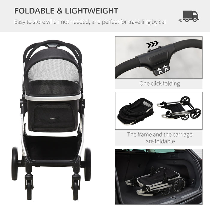 Foldable 3-in-1 Dog Stroller - Detachable Pet Travel Pushchair with EVA Wheels and Adjustable Canopy - Safe and Comfortable for Small Animals with Safety Leash and Cushion, Black