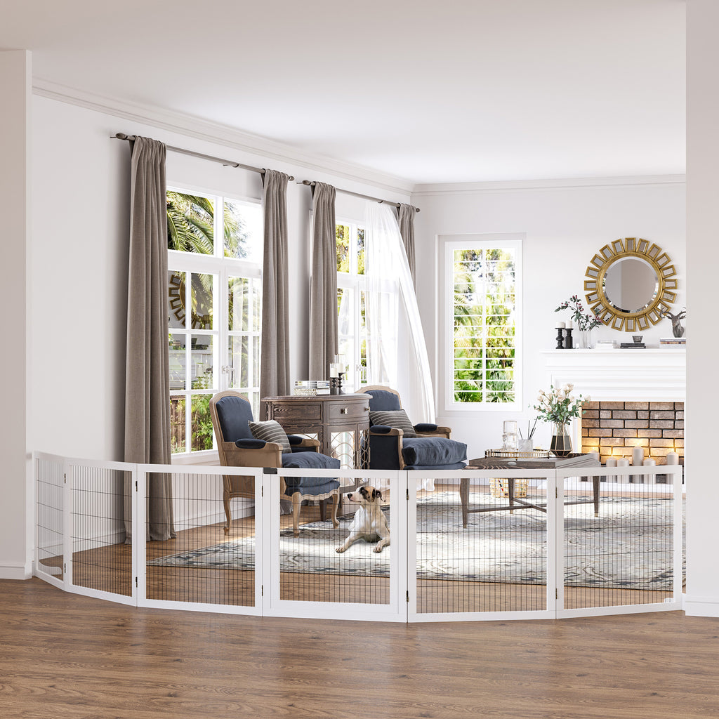 Freestanding Wooden Pet Gate - 6-Panel Foldable Dog Safety Fence with Support Feet for Doorways and Stairs - Ideal for Small & Medium Dogs, White
