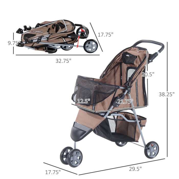 Pet Travel Stroller with Three Wheels - Convenient Dog Pushchair in Coffee Color - Ideal for Pet Transportation and Comfort on the Go