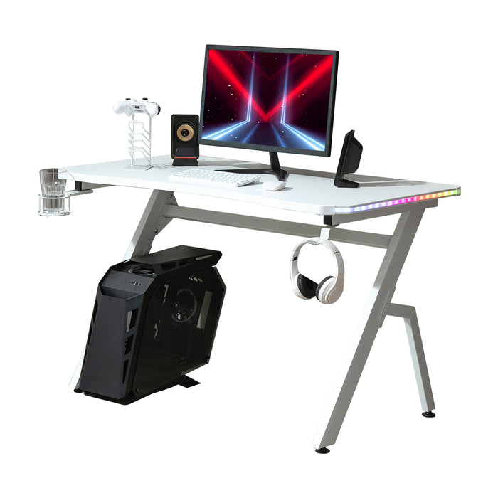 Ergonomic Racing Gaming Desk - RGB LED Lighting, Headphone Hook, Cup Holder, Controller Stand - Ideal for Gamers and Home Office Setup