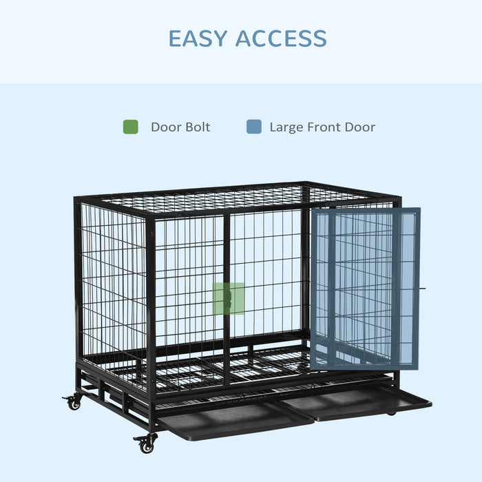 Heavy-Duty 43" Metal Dog Kennel - Rolling Pet Cage with Crate Tray, Black, Large Size - Ideal for Large Dog Security and Comfort