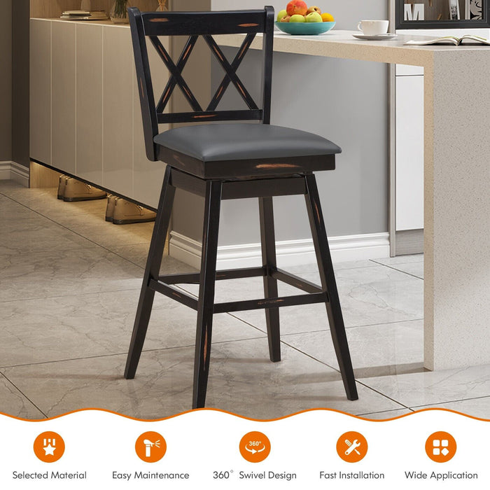 Set of 2 Bar Stools - Upholstered Counter Height Stool with Foot Rest in Black - Ideal for Kitchen and Dining Areas