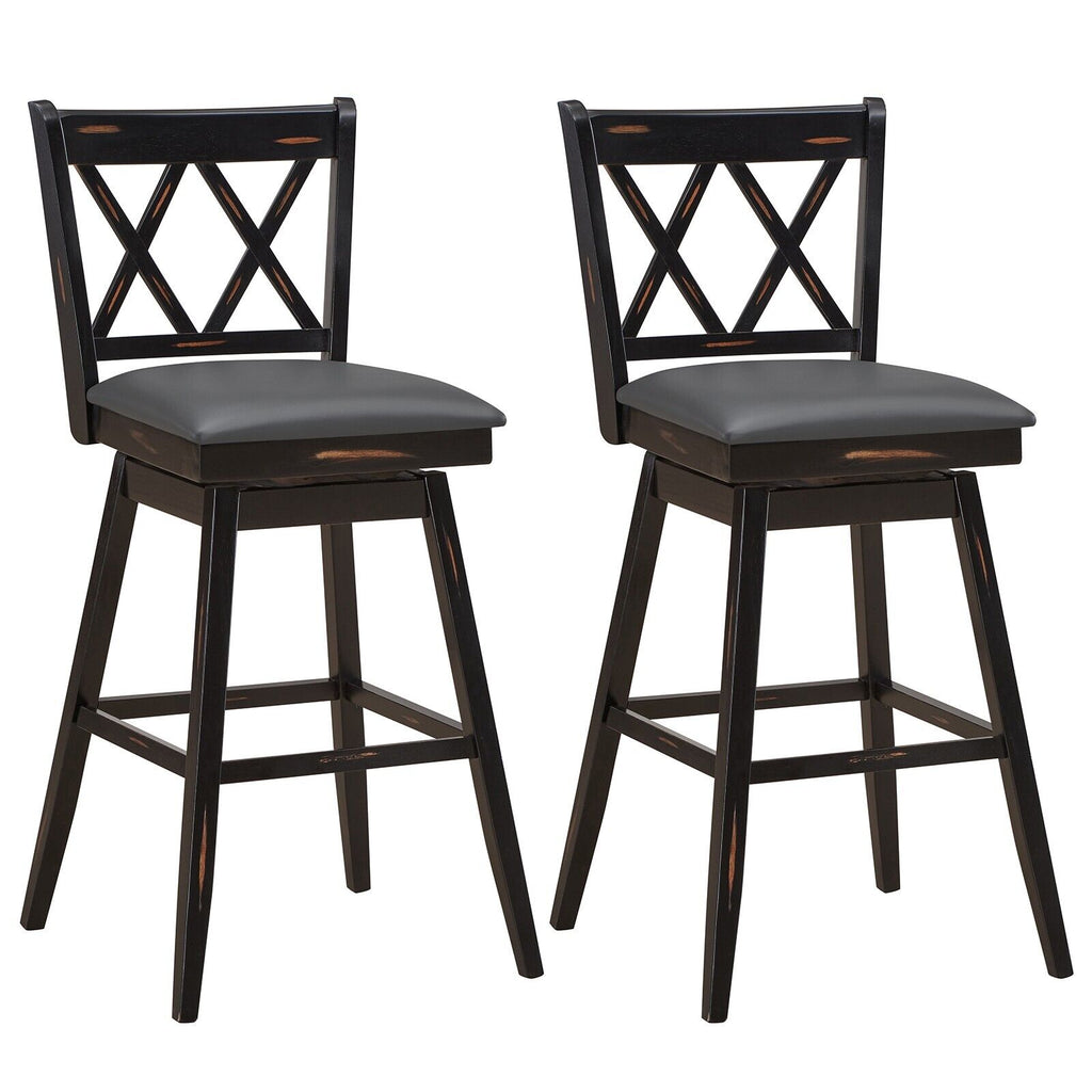 Set of 2 Bar Stools - Upholstered Counter Height Stool with Foot Rest in Black - Ideal for Kitchen and Dining Areas