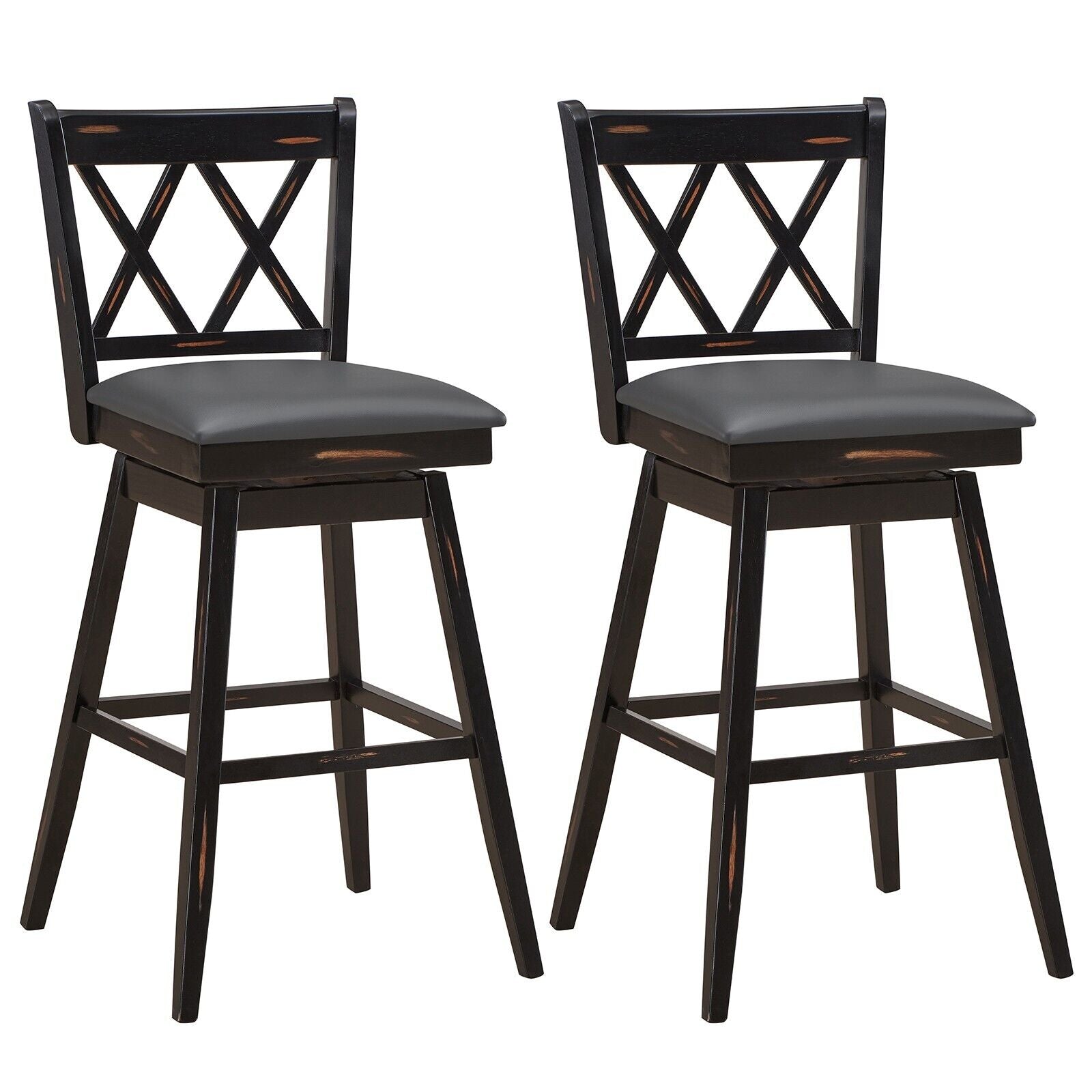 Set of 2 Bar Stools - Upholstered Counter Height Stool with Foot Rest in Black - Ideal for Kitchen and Dining Areas
