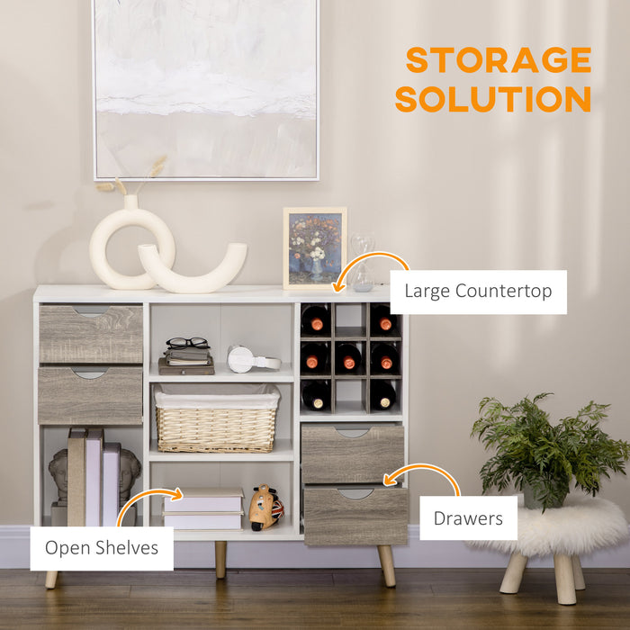 Modern Kitchen Sideboard with Wine Rack - Grey Buffet Table with Drawers and Open Storage - Elegant Dining Room and Living Room Furniture Organizer