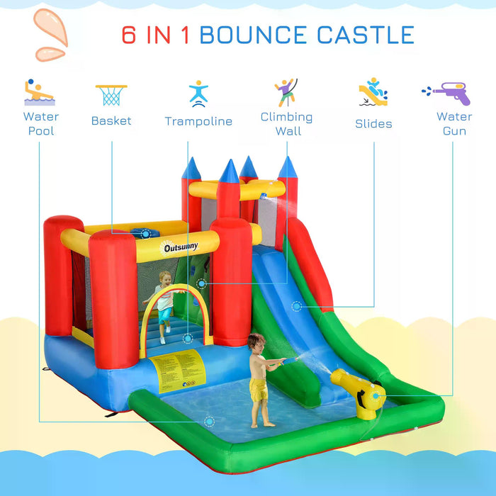 Kids 6-in-1 Inflatable Bouncy Castle with Water Slide - Bounce House with Jumping Area, Climbing Wall, Water Pool, Spray Gun, Basketball Hoop - Ultimate Summer Backyard Playland for Children
