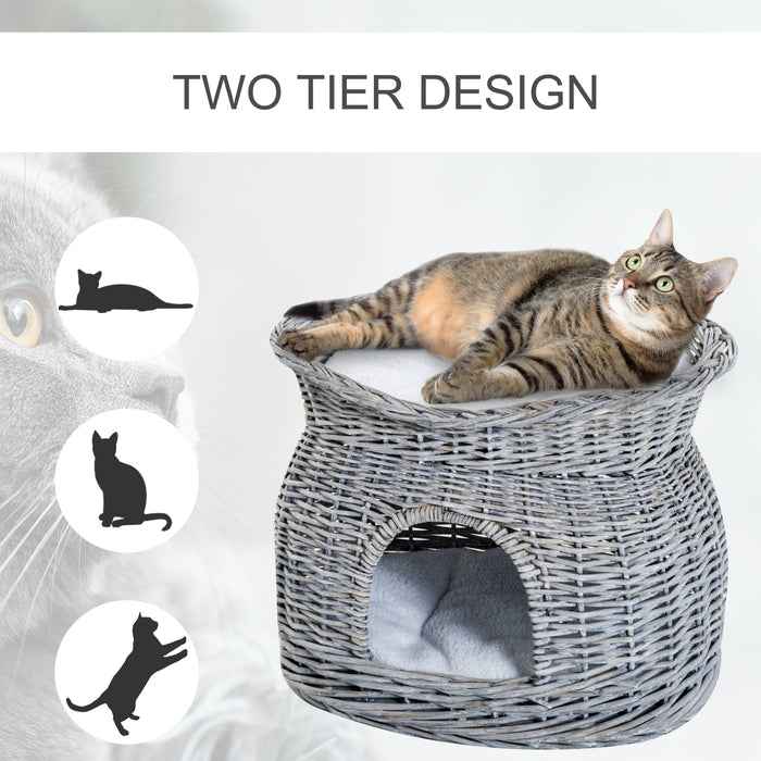Elevated 2-Tier Wicker Cat House - Willow Basket Kitten Condo with Washable Cushions, Grey - Cozy Pet Retreat for Cats and Small Pets