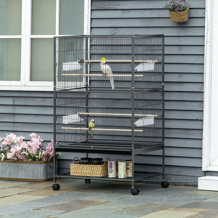 Large Rolling Aviary - Finch, Canaries, Parakeet Home with Slide-Out Tray and Food Containers - Optimal Habitat for Pet Birds with Storage Shelf