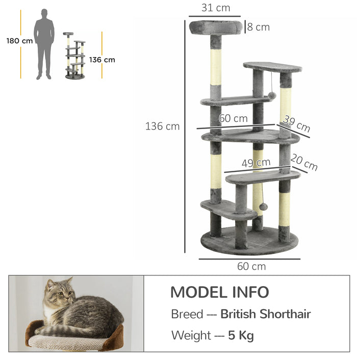 Modern 136cm Cat Tree - Indoor Tower with Scratching Posts, Plush Bed, and Playful Toy Ball - Perfect for Playful Cats and Relaxation