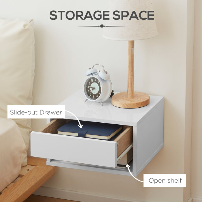 Wall-Mounted High Gloss White Nightstand Set with Drawer & Shelf - Contemporary 2-Piece Bedside Table for Bedrooms - Space-Saving Furniture for Home Organization & Decor