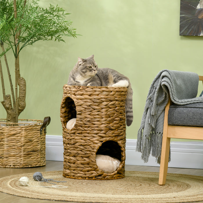 Cat Barrel Tree with Double Cat Houses - 47cm Indoor Kitten Tower with Cushion - Perfect for Play and Rest, Light Brown
