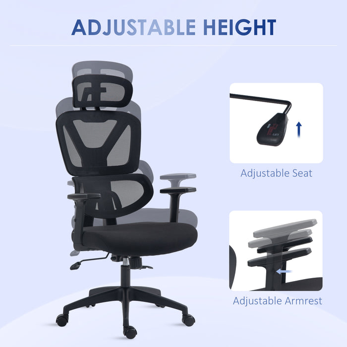 Ergonomic Mesh Office Chair - Height Adjustable with Lumbar Support, Swivel Wheels & Adjustable Headrest - Comfortable Seating for Desk Work, Black