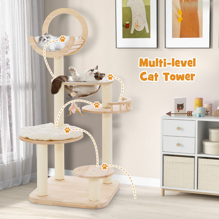 Large 4-in-1 Wooden Cat Tower - Space Capsule Nest, Sisal Scratching Posts - Ideal for Keeping Multiple Cats Entertained and Healthy