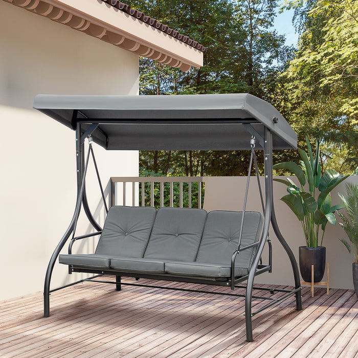 3-Seater Convertible Canopy Swing Chair - Garden Seating to Bed, Adjustable Top, Sturdy Metal Frame, in Dark Grey - Perfect Outdoor Lounger for Relaxation and Entertaining