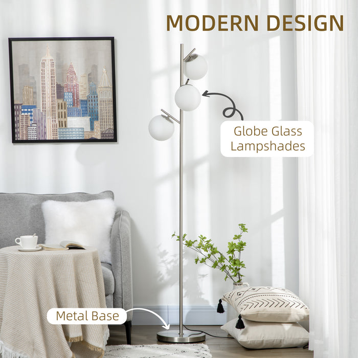 Modern Globe-Shade Tree Floor Lamp - 3-Light Standing Fixture with Steel Base for Living Room and Bedroom - Contemporary Lighting Without Bulb, Silver Finish