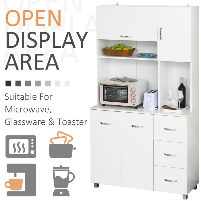 Kitchen Storage Organizer with Cupboards - Freestanding Unit with Open Shelves, Drawers, and Metal Handles - Ideal for Home Organization and Serving Station