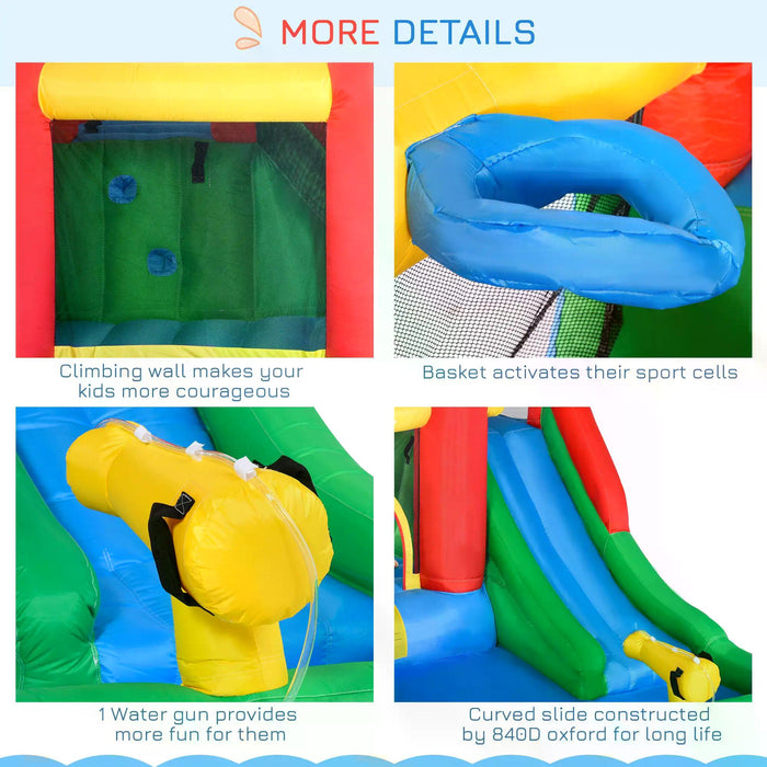 Kids 6-in-1 Inflatable Bouncy Castle with Water Slide - Bounce House with Jumping Area, Climbing Wall, Water Pool, Spray Gun, Basketball Hoop - Ultimate Summer Backyard Playland for Children