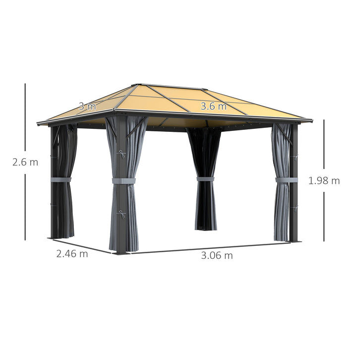 Aluminium Gazebo Canopy 3x3.6m - Hardtop Roof, Mesh Curtains, Side Walls, Marquee Party Tent for Patio, Grey - Ideal for Outdoor Entertaining and Shelter