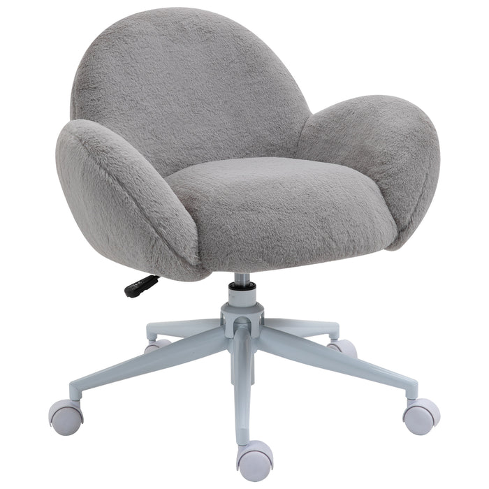 Fluffy Leisure Chair - Ergonomic Home Office Chair with Backrest, Armrests & Wheels - Comfortable Seating for Bedroom & Living Room, Grey