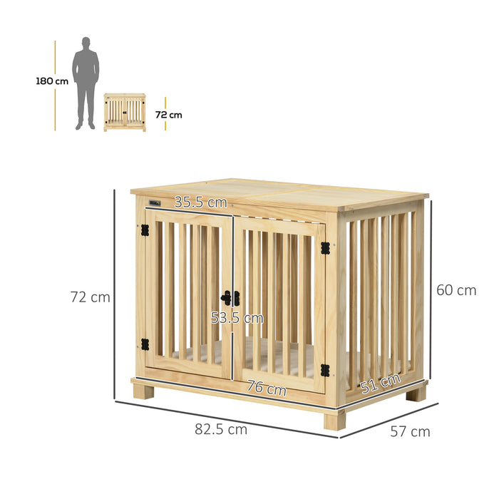 Double-Door Wooden Dog Crate with Cushion - Stylish Medium-Sized Pet Enclosure - Comfortable Home for Dogs with Natural Finish