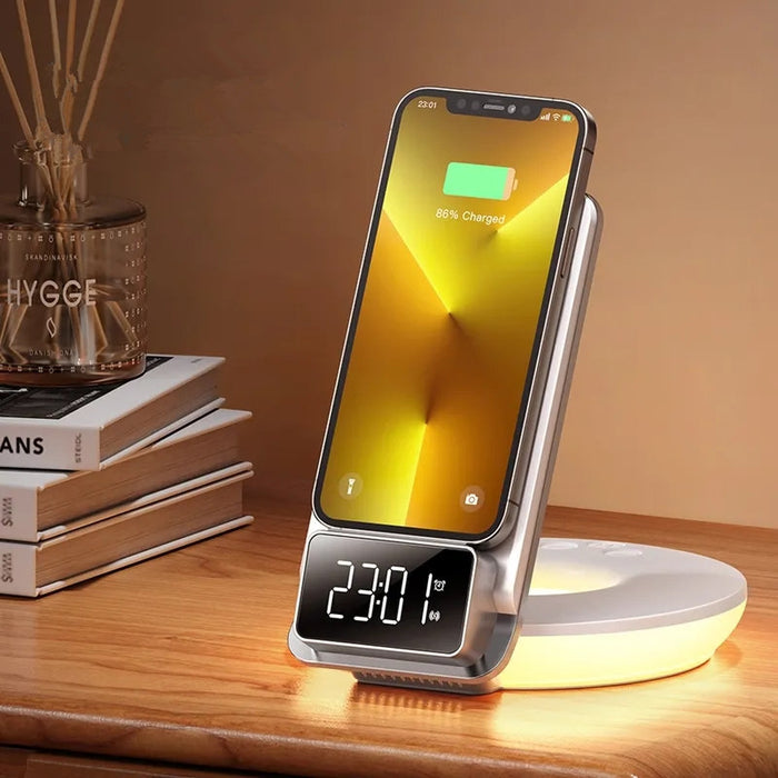 MCDODO CH-1610 - 4-in-1 Desktop Wireless Charger with Alarm Night Lamp, Digital Display, Multi-Functional and Foldable Charging Station - Perfect for Nightstand Organization and Efficient Charging Needs