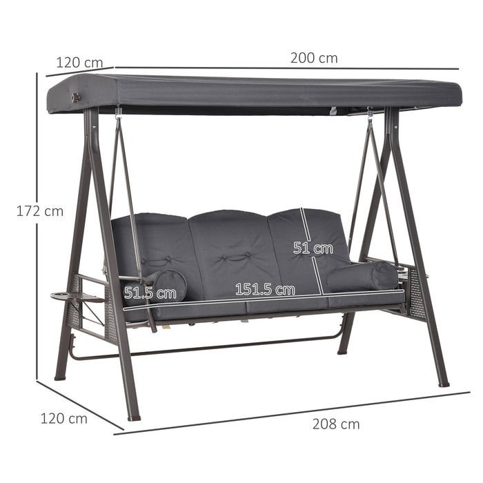 3-Seater Garden Swing Chair - Adjustable Canopy Outdoor Hammock Bench with Cushions & Cup Trays, Steel Frame in Dark Grey - Perfect for Patio Relaxation and Entertainment