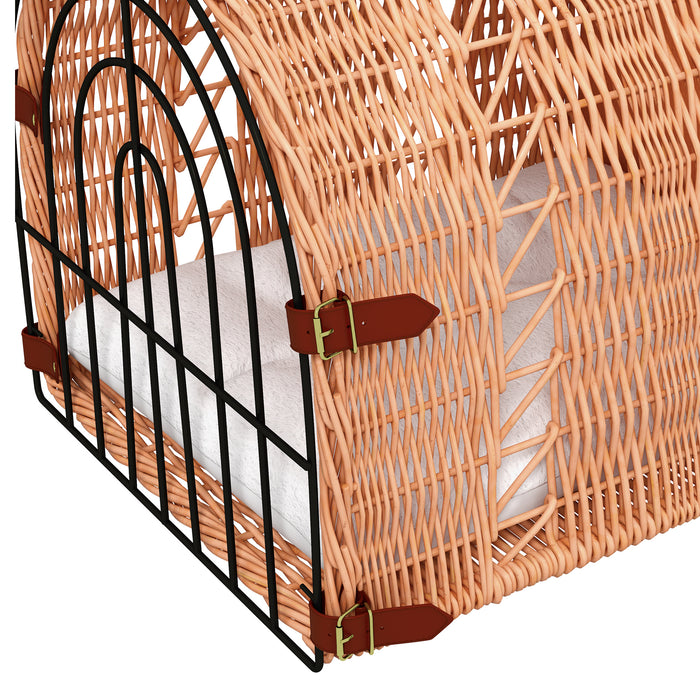 Wicker Cat Carrier Basket with Soft Cushion - Portable Kitten Bed and Pet Cave House, 37x28x29 cm in Orange - Ideal for Comfortable and Cozy Pet Travel & Napping