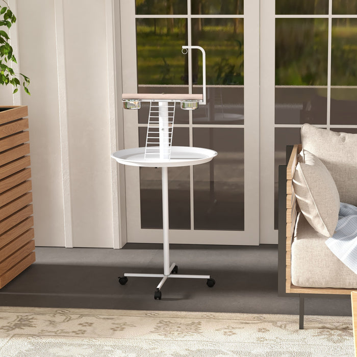 Adjustable Rolling Bird Stand - Includes Perches, Stainless Steel Feed Bowls, Round Tray - Ideal for Garden, Indoor, and Outdoor Use - White