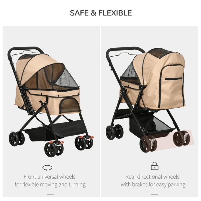 Foldable Pet Stroller for Dogs and Cats - Reversible Handle, Braking System, and Storage Basket - Convenient Travel Pushchair for Fur Babies
