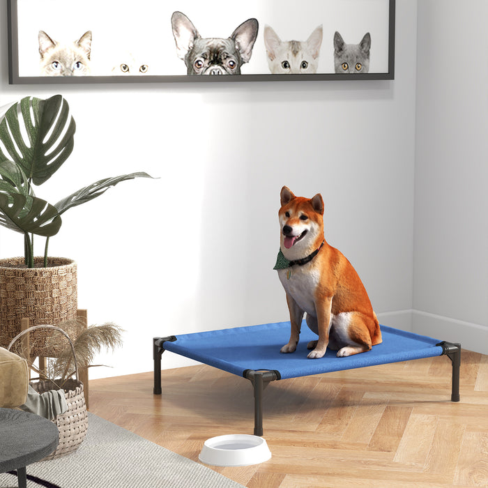 Elevated Portable Pet Cot - Medium-Sized Raised Dog Bed with Sturdy Metal Frame, Blue - Ideal for Camping and Outdoor Comfort