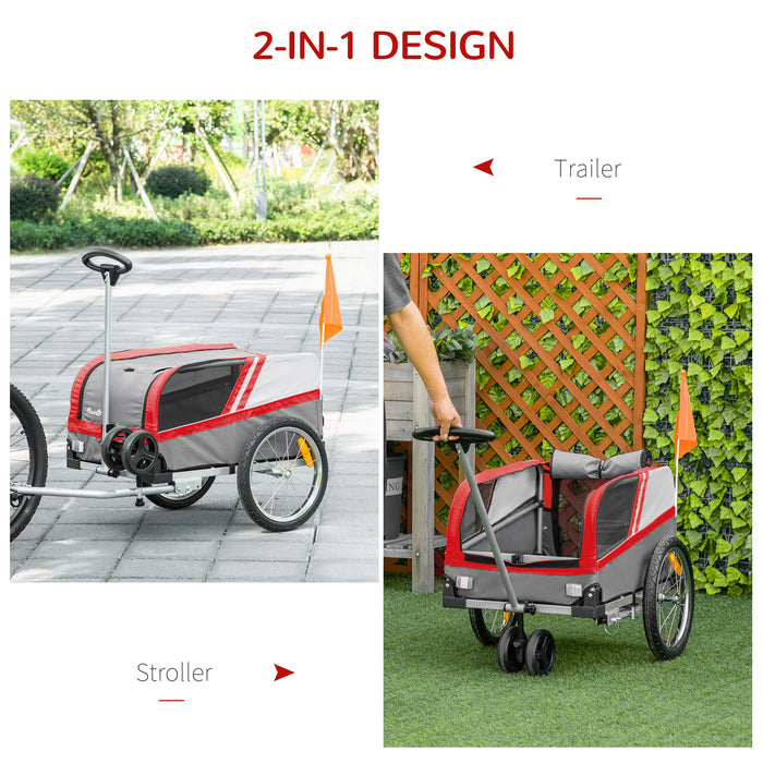 2-in-1 Dog Bike Trailer and Stroller - Reflective Cat/Puppy Travel Cart with Red Safety Flag - Versatile Pet Carrier for Outdoor Activities