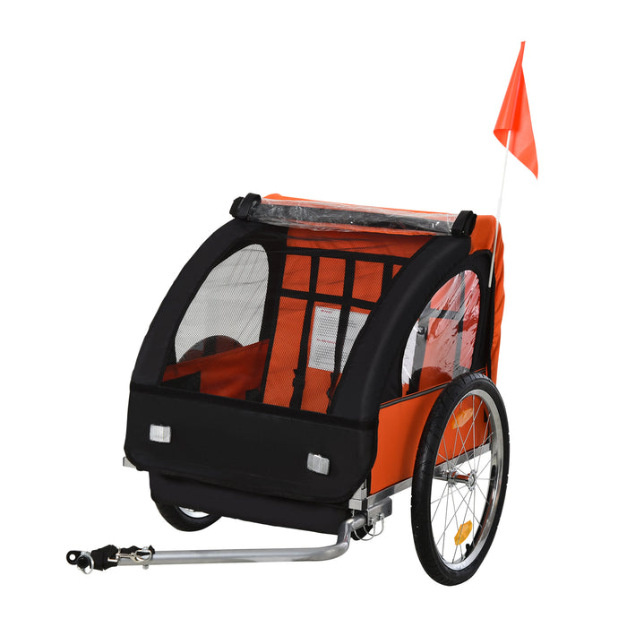 2-Seat Bicycle Child Trailer & Jogger - Steel Frame with Safety Harness and Seat Carrier in Orange and Black, 130x76x88cm - Perfect for Active Parents with Kids