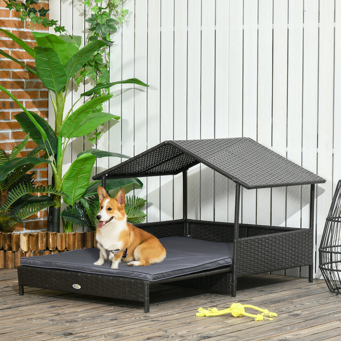 Extendable Elevated Canine Lounger - Rattan Pet Abode with Water-Resistant Top, Detachable Plush Padding - Ideal for Small to Medium Dogs in Stylish Grey