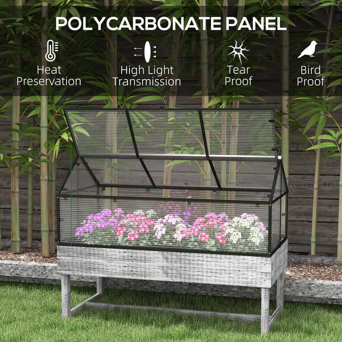 Elevated Wooden Garden Bed with Mini Greenhouse - 120x60x103cm Planter with Polycarbonate Panel and Ventilation - Ideal for Urban Gardening in Distressed Grey