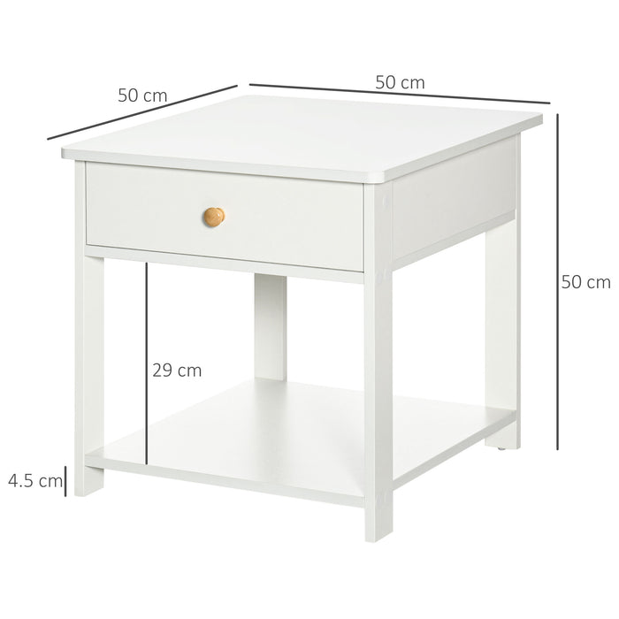 White Bedside Table with Storage - Square Side End Table with Drawer & Lower Shelf - Functional Nightstand for Bedroom, Living Room Spaces