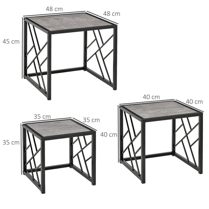 Nest of 3 Square Side Tables - Black Metal Frame & Grey Finish for Modern Decor - Versatile Living Room, Bedroom, and Office Furniture