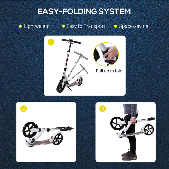 Adjustable Height Teen & Adult Kick Scooter - Foldable Aluminum Frame with Shock Absorbing Mechanism - Ideal Ride-On Toy for Ages 14+, White