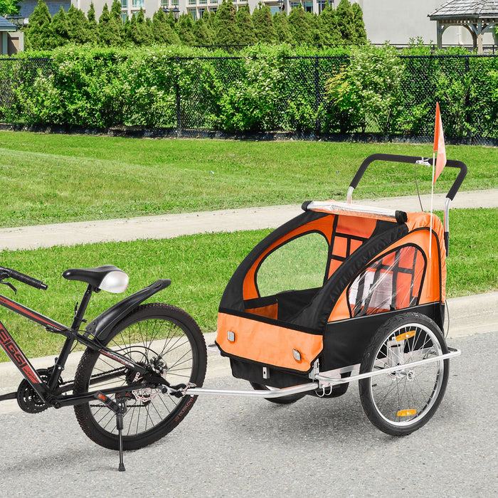 2-Seater Collapsible Baby Bicycle Trailer - Orange, with Pivot Wheel, 18 Month+ Child-Friendly Design - Convenient Transport & Adventure for Young Families