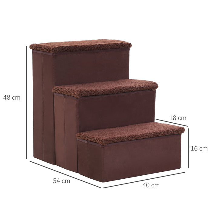 Foldable 3-Step Pet Stairs - Portable Mobility Aid with Washable Fleece Cover, 41x19cm, Brown - Ideal for Small & Aging Pets Climbing Support