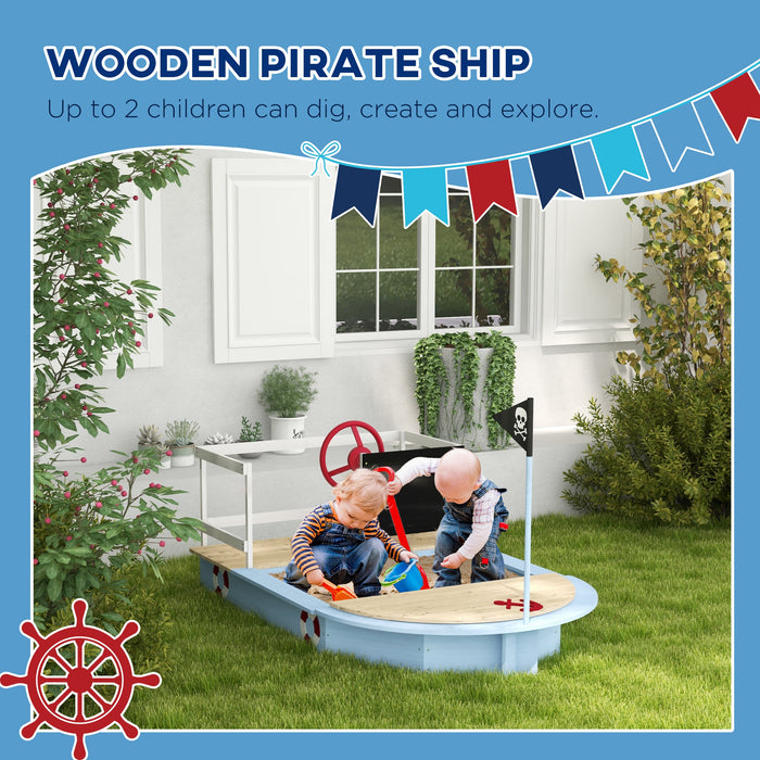 Kids Pirate Ship Sandbox - Wooden Outdoor Play Station with Blue Accents - Creative Play for Children