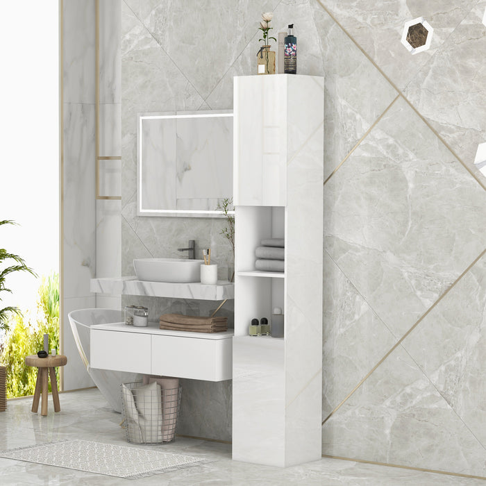High Gloss Freestanding Bathroom Cabinet with Mirror - 2-Door Floor Storage Cupboard, Adjustable Shelves - Elegant Space-Saving Organizer for Bath Essentials