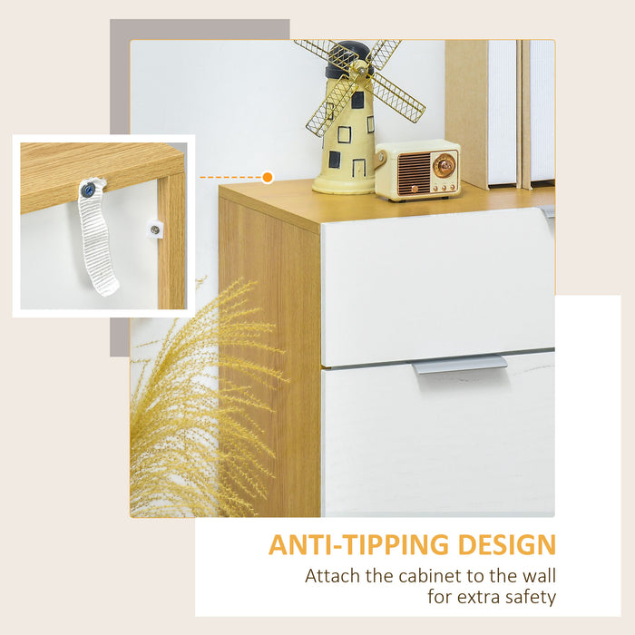 High Gloss White & Natural Sideboard - Sleek Storage Cabinet with Drawer, Door, and Adjustable Shelves - Ideal for Organizing Essentials in Style