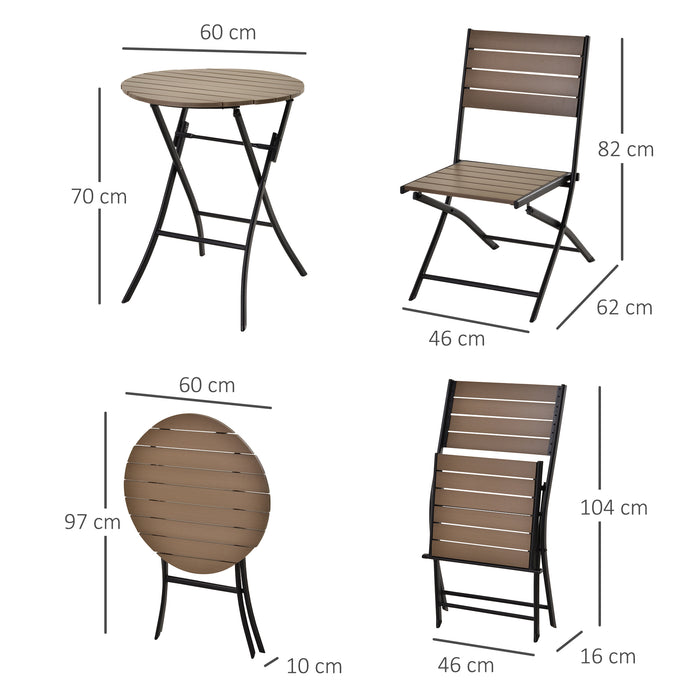 3-Piece Folding Bistro Dining Set - Metal Frame with Slatted Plastic Panels, Compact Design for Garden & Outdoors - Ideal for Apartment Balconies, Black & Brown Combination