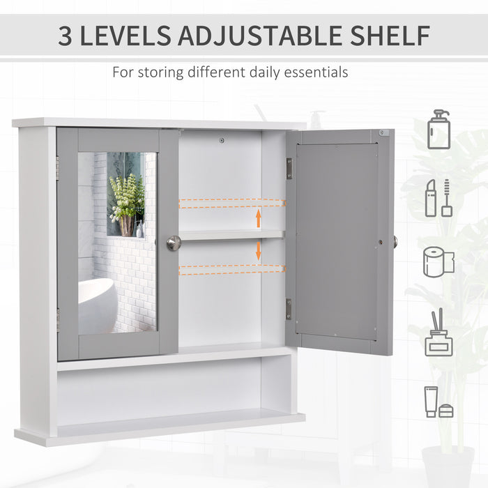 Wall-Mounted Bathroom Mirror Cabinet - Double Mirrored Doors, Storage Cupboard, and Shelf in Grey - Space-Saving Organizer for Toiletries and Essentials