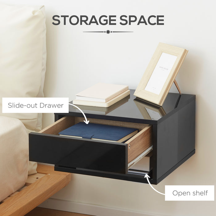 Wall Mounted Nightstand with Drawer - 2 Pieces Space-Saving Bedside Table, 37x32x21cm, High Gloss Black - Ideal for Bedroom Organization and Style