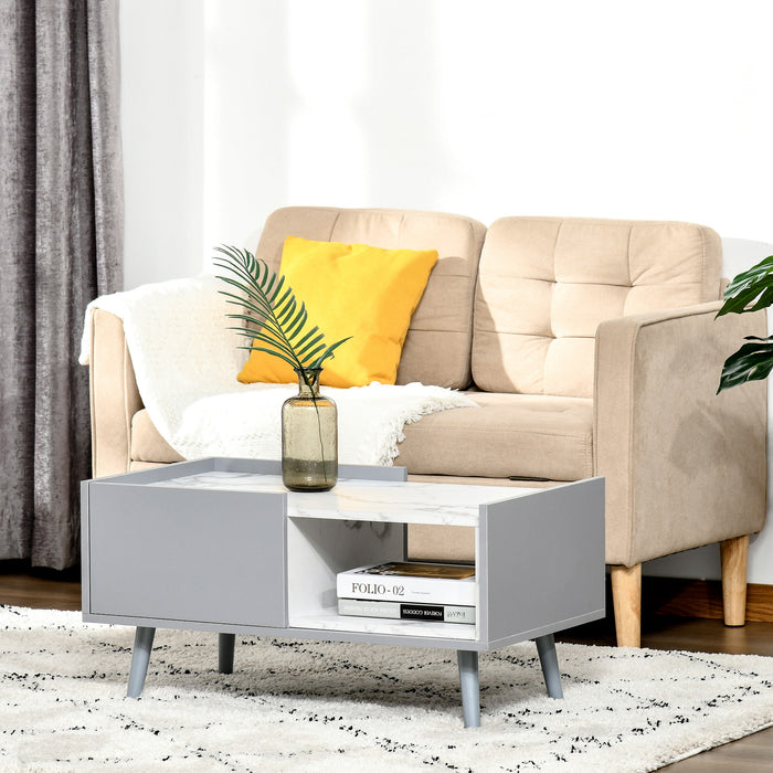 Duo Storage Two-Tone Coffee Table - Modern Marble Effect with Shelf and Drawer - Elegant Grey and White Side Table with Wooden Legs for Living Room