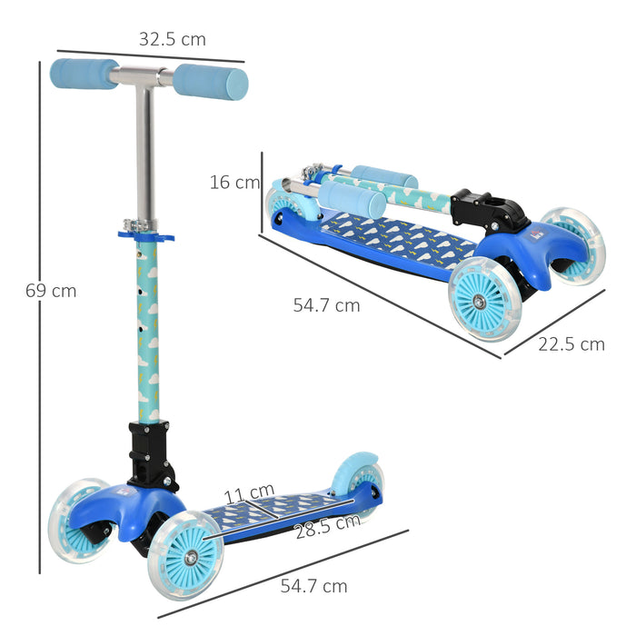 Blue Kids Foldable Scooter with Flashing Wheels - 3-Wheel Adjustable Height Kick Scooter - Ideal for Toddler Boys and Girls Aged 3-8 Years