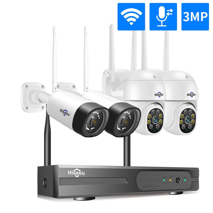 Hiseeu Wireless 8CH 4PCS 3MP - Two-Way Audio Security PTZ 5X Digital Zoom, Outdoor Bullet WIFI IP Cameras, Waterproof CCTV Kit - Ideal for Home Surveillance and Property Protection