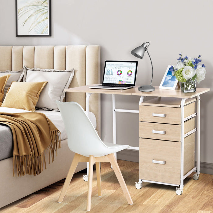 Folding Computer Desk with Rolling Wheels  - Multipurpose Workstation with 3 Drawers - Ideal for Home Office Use